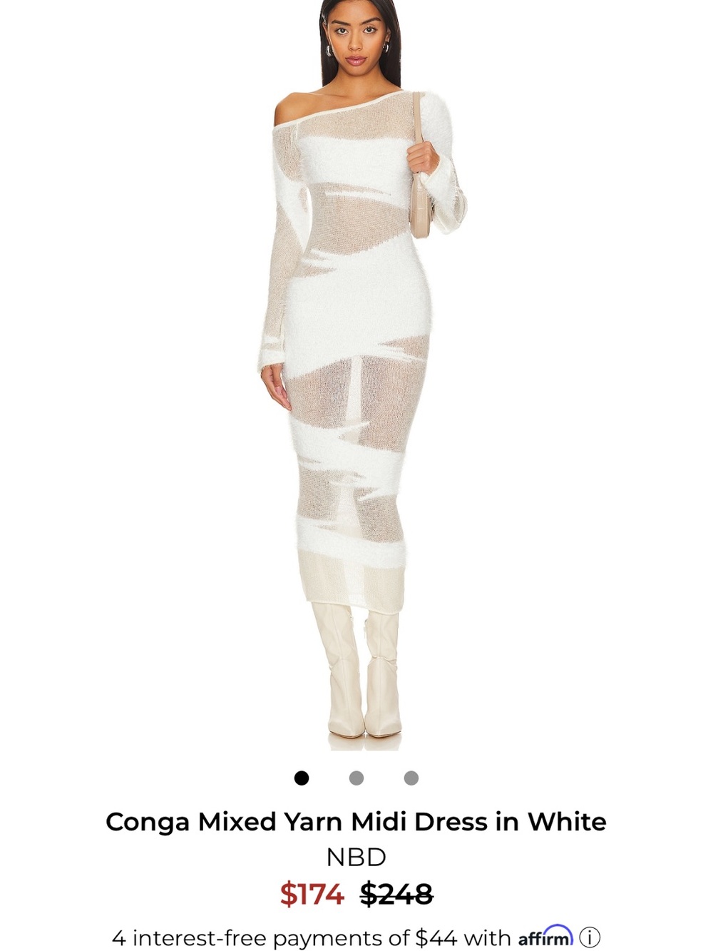 NBD Off-Shoulder Mixed Yarn Midi Dress in White and Cream
